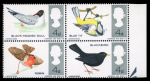Stamp of Great Britain » Queen Elizabeth II GB 1966 Birds 4d (ordinary paper) se-tenant block of four with bright blue omitted variety, mint n.h. right marginal