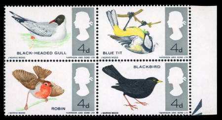 Stamp of Great Britain » Queen Elizabeth II GB 1966 Birds 4d (ordinary paper) se-tenant block of four with bright blue omitted variety, mint n.h. right marginal