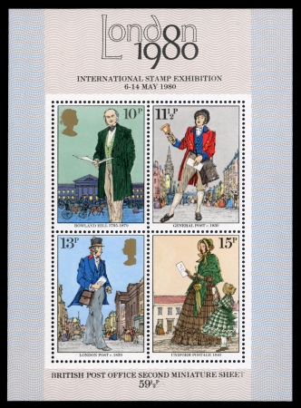 Stamp of Great Britain » Queen Elizabeth II 1980 London Stamp Exhibition souvenir sheet with gold omitted (on the 11 1/2p and 15p) and partially omitted (on the 13p) 