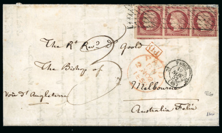 Stamp of France » Type Cérès de 1849-1850 1852, Lettre pour Melbourne affranchie à 3f avec Cérès