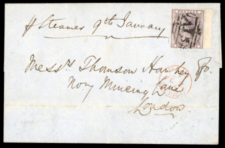 Stamp of Grenada 1859 (Jan 10) wrapper to England, franked by GB 6d lilac wing margin example paying the single rate