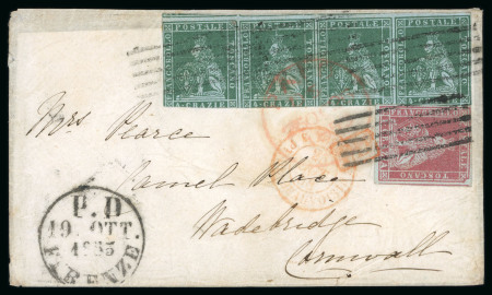 Stamp of Italian States » Tuscany 1855 (19 Oct) small envelope addressed to Cornwall, England franked 1cr carmine and horizontal strip of four 4cr deep green