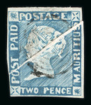 Stamp of Mauritius » 1848-59 Post Paid Issue » Worn Impressions (SG 16-22) 1848-59 Post Paid 2d blue, intermediate impression, showing diagonal pre-printing paper fold, used