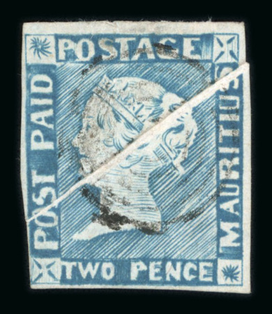Stamp of Mauritius » 1848-59 Post Paid Issue » Worn Impressions (SG 16-22) 1848-59 Post Paid 2d blue, intermediate impression, showing diagonal pre-printing paper fold, used