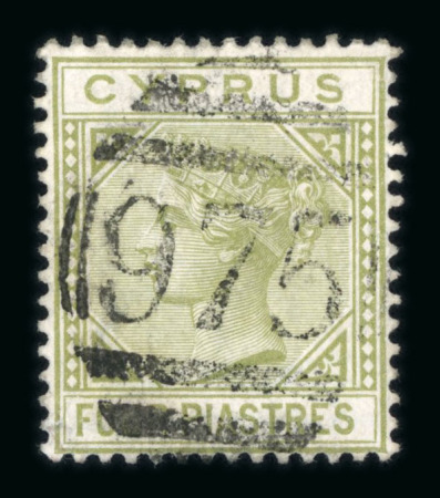 Stamp of Cyprus 1881 wmk CC 4pi pale olive-green used with neat "975"