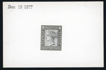 Stamp of Mauritius » 1879-80 De La Rue Watermark CC (SG 92-100) 1877 17c De La Rue die proof in black on white glazed card