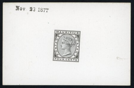 Stamp of Mauritius » 1879-80 De La Rue Watermark CC (SG 92-100) 1877 4c De La Rue die proof in black on white glazed card