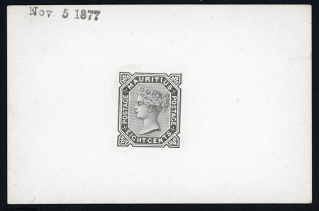 Stamp of Mauritius » 1879-80 De La Rue Watermark CC (SG 92-100) 1877 8c De La Rue die proof in black on white glazed card