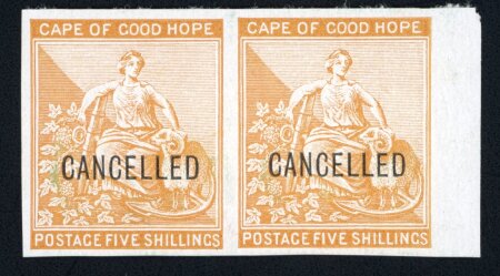 Stamp of South Africa » Cape of Good Hope 1872 Seated Hope imperf. proofs on thin glazed card with type D7 "CANCELLED" overprints