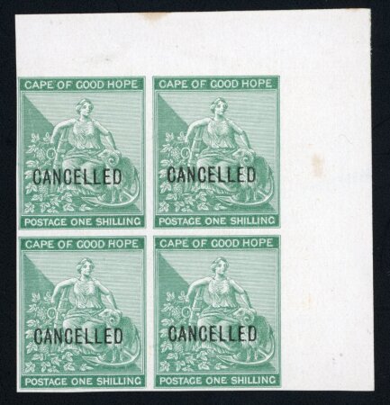 Stamp of South Africa » Cape of Good Hope 1864-77 Seated Hope 1s green imperf. proof on thin glazed card with type D7 "CANCELLED" overprints in top right corner marginal block