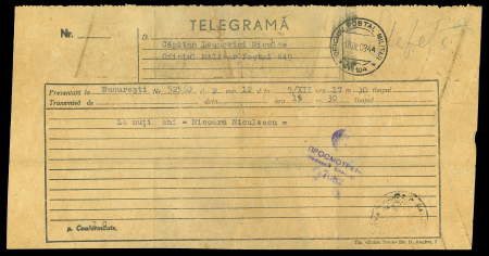 Stamp of Romania » Later Issues 1944 WW2 Romania censored telegram form. Telegram message