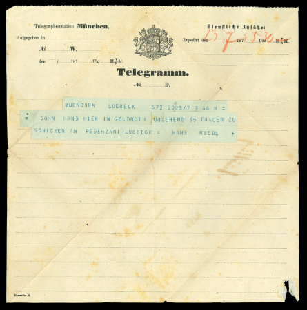 1870 Coat of Arms issue perforated 3 kreuzer rose on complete telegram with text from Lübeck