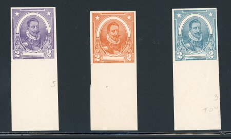 Stamp of Ireland » Essays & Proofs (E1-E167) 1922 Dollard: Valdivia Imperforate essays three bottom marginal singles in different colours, fine to very fine (3) (Hib. E57/E65, €225)