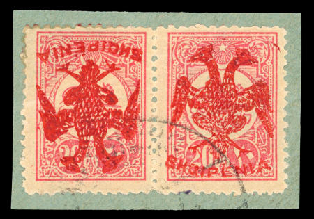 Stamp of Albania 1913, Albania, 20pa rose Turkish definitive, horizontal pair with RED tete-beche overprint on fgmt.