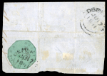 British Guiana 1850-1851 Cotton Reel 8c black on green, Type B, initialled "E.T.E.W.", cut octagonally, tied to piece