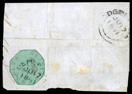 British Guiana 1850-1851 Cotton Reel 8c black on green, Type B, initialled "E.T.E.W.", cut octagonally, tied to piece