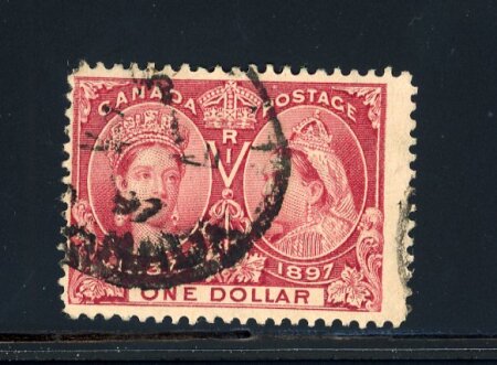 Stamp of Canada 1897, Jubilee Issue 1$ lake used, fine stamp.