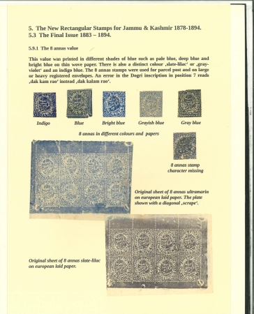 Stamp of Indian States » Jammu & Kashmir 1883-94 8 Annas Blue Shades & Varieties. A specialized
