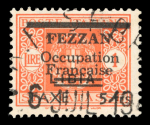 Stamp of Colonies françaises » Fezzan Timbre-taxe : 1943, 5f sur 1l orange YT n° 5 oblitéré,