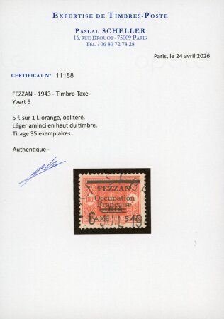 Stamp of Colonies françaises » Fezzan Timbre-taxe : 1943, 5f sur 1l orange YT n° 5 oblitéré,