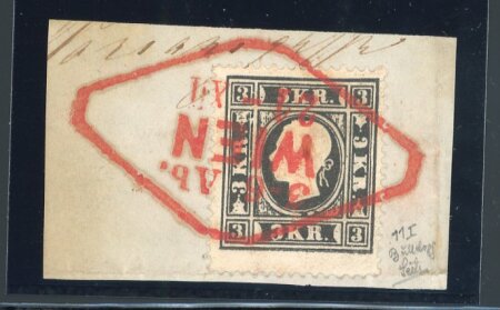 Stamp of Austria » 1858 Issue 1858, Österreich, 3Kr schwarz Ty I, Bulldoggenkopf, Brfstk. rot gestplt.