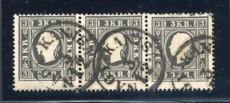 Stamp of Austria » 1858 Issue 1858, Österreich Austria 3Kr schw. in waagr. Dreierstrfn.