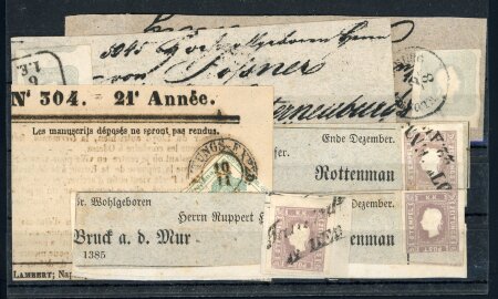 Stamp of Austria » Collections and Lots 1853-60, Kl. Lot Zeitungs- und Zeitungsstempelmarken, dasbei 2 x 1.05Kr 1860 auf Ztgsadresse