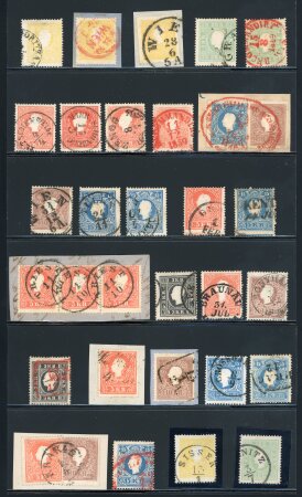 Stamp of Austria » 1859 Issue 1858-1859, Reichhaltigere Partie der Typen I und II, dabei 6x 2Kr gelb (davon 1 x Brfstk. mit seltenen Rotstempel), etc.