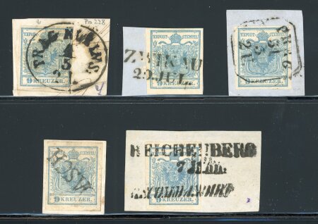 Stamp of Austria » Bohemia (Böhmen) BÖHMEN, BOHEMIA, AUSTRIA ÖSTERREICH KL. ABSTEMPELUNGSLOT a. Brfstkn. mit 9Kr Ty I