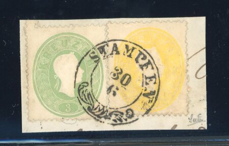 Stamp of Austria » Hungary (Ungarn) AUSTRIA ÖSTERREICH HUNGARY (Slovakia) 1860-61 STAMPFEN auf 2+3Kr Brfstk.