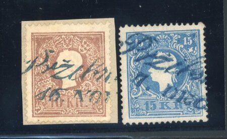 Stamp of Austria » Bohemia (Böhmen) ÖSTERREICH AUSTRIA böhmen bohemia 1859 'PRZIBRAM' in blau je auf 10Kr Brfstk. und 15Kr lose