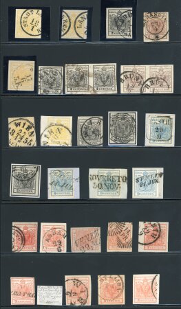 Stamp of Austria » 1850 Issue ÖSTERREICH, 1850, Spezialistenlos 1Kr bis 9Kr m.Nuancen, PF, Typen, etc
