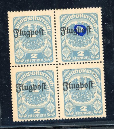 Stamp of Austria » Deutsch-Österreich 1922, Austria, Österreich, Airmail, UNIISSUED 2K blue 'Flugpost' blk of 4 plate error, MNH