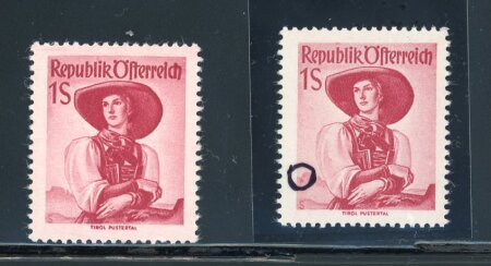 Stamp of Austria » 2nd. Republic 1948-52, Costums 1S red (2, noted one with plate error: red spot at bottom left corner
