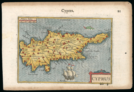 1609 Early Hand-Coloured Map of Cyprus  An original 1609 hand-coloured engraved map of the island of Cyprus, featuring attractive illustrations of sailing ships and sea monsters. French text appears on the reverse, indic