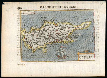 c.1600 Miniature Map of Cyprus  MÜNSTER, Sebastian (1488–1552) from the Latin edition of Cosmographia Universalis
