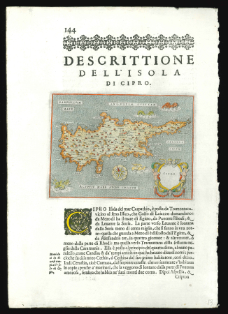 1620 PORCACCHI, Tomaso (1530–1585). Descrittione dell'Isola di Cipro. Hand-coloured engraved map of Cyprus