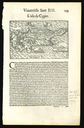 1550 MÜNSTER, Sebastian (1488–1552). Descriptio Cypri. Original uncoloured woodcut map of Cyprus from the Latin edition of Cosmographia Universalis