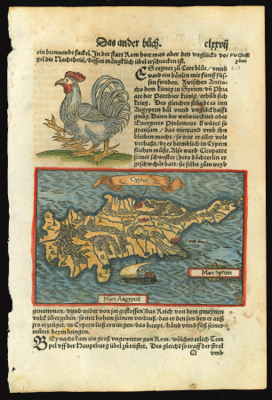 c1550 Original antique book leaf featuring a hand-coloured woodcut map of Cyprus