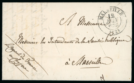 1836 Disinfected Entire – French Consulate in Cyprus to Marseille  Exceptionally rare folded disinfected entire from the “Consulat de France en Chypre,” datelined “Larnaca le 29 avril 1836” and addressed to Marseille. Th