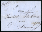 1863 Registered Stampless Entire – Larnaca to Livorno  Rare registered entire prepaid 38 soldi from Larnaca to Livorno, handstamped "LARNACA / 21 SETT", "FRANCA", and with three strikes of "RACOM". Endorsed "No. 11180 Da