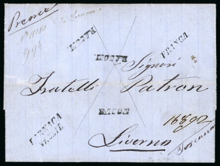 1863 Registered Stampless Entire – Larnaca to Livorno  Rare registered entire prepaid 38 soldi from Larnaca to Livorno, handstamped "LARNACA / 21 SETT", "FRANCA", and with three strikes of "RACOM". Endorsed "No. 11180 Da