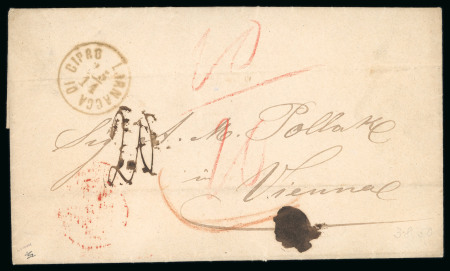 1867 Stampless Entire – Larnaca to Vienna  Folded stampless entire sent from Larnaca to Vienna, bearing a clear LARNACA DI CIPRO / 15.11 circular datestamp and rated “20” in red crayon. Very fine and scarce.