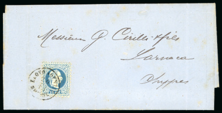 1867 Austrian Levant 10 Soldi blue on cover to Larnaca, Cyprus, neatly tied by clear LLOYD AGENCIE SMIRNE circular date stamp. Fine and scarce commercial incoming usage carried via the Austrian Lloyd postal network. 