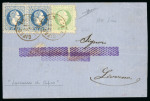 1867 Austrian Levant 3s green and 10s blue pair, all tied by crisp neat LARNACA DI CIPRO cds, on 1871 folded letter sheet to Livorno, a fine array of transit and arrival bs, address excised with contemporary purple cros