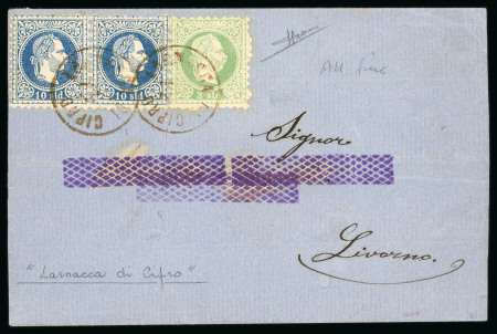 1867 Austrian Levant 3s green and 10s blue pair, all tied by crisp neat LARNACA DI CIPRO cds, on 1871 folded letter sheet to Livorno, a fine array of transit and arrival bs, address excised with contemporary purple cros