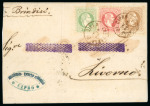 1867 Austrian Levant 3s green, 5s red and 15s bbrown, all tied by crisp neat LARNACA DI CIPRO cds, on 1872 folded letter sheet to Livorno, a fine array of transit and arrival bs, address excised with contemporary purple 