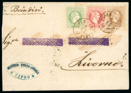 1867 Austrian Levant 3s green, 5s red and 15s bbrown, all tied by crisp neat LARNACA DI CIPRO cds, on 1872 folded letter sheet to Livorno, a fine array of transit and arrival bs, address excised with contemporary purple 