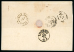 1867 Austrian Levant 3s green, 5s red and 15s bbrown, all tied by crisp neat LARNACA DI CIPRO cds, on 1872 folded letter sheet to Livorno, a fine array of transit and arrival bs, address excised with contemporary purple 