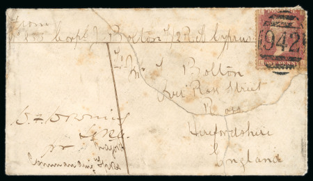 1878 (5 Aug) soldier’s cover from Cyprus to England. Addressed to Hertfordshire and headed “From No. 833 Corporal J. Bolton, 7/2 R.A. Cyprus”, countersigned. Franked at the concessionary rate with a 1d red (Plate 198), c
